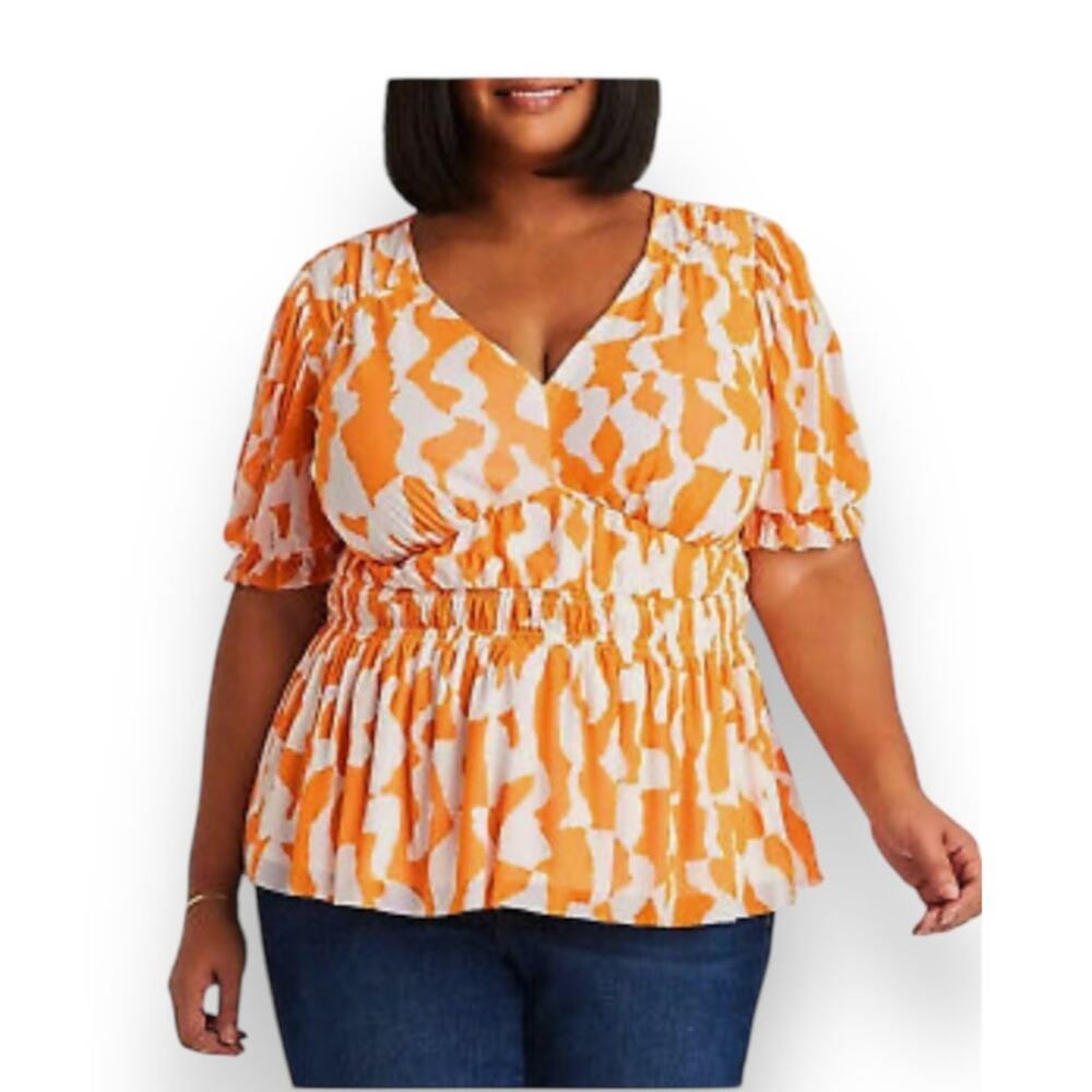 Ava & Viv blouse XXL V neck abstract smocked mesh lined stretch orange white NEW